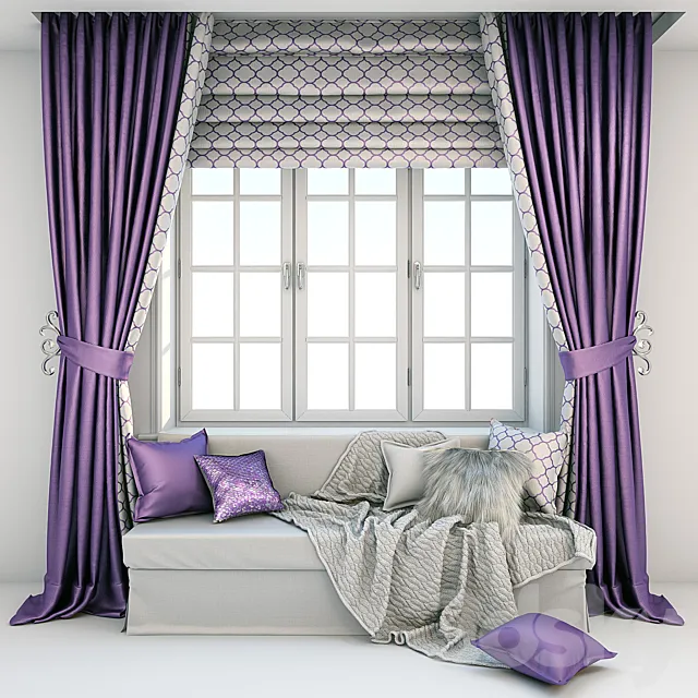 Soft window area - sofa with cushions blankets and curtains 3D Model