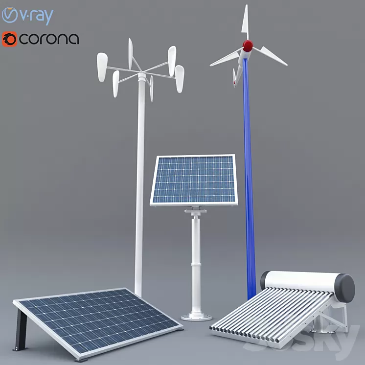 solar panel solar heater and wind turbine 3D Model