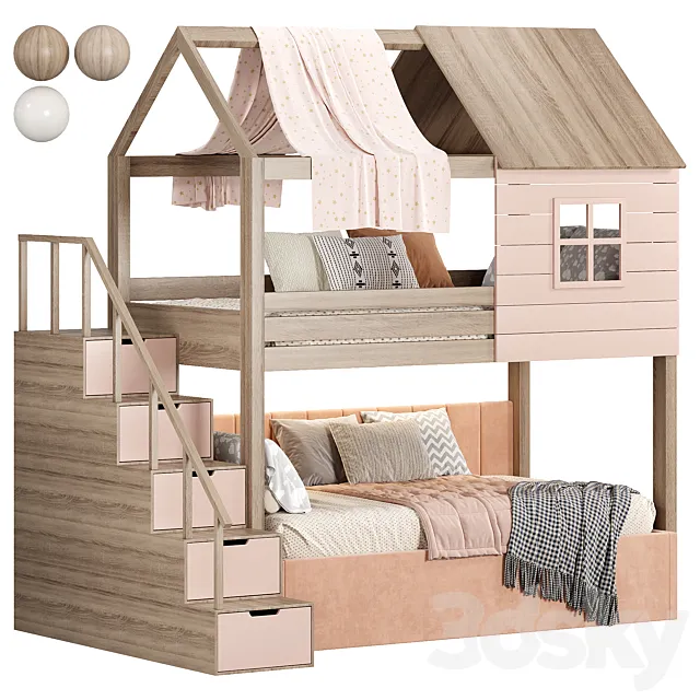 Solid wood bunk bed for children 3D Model