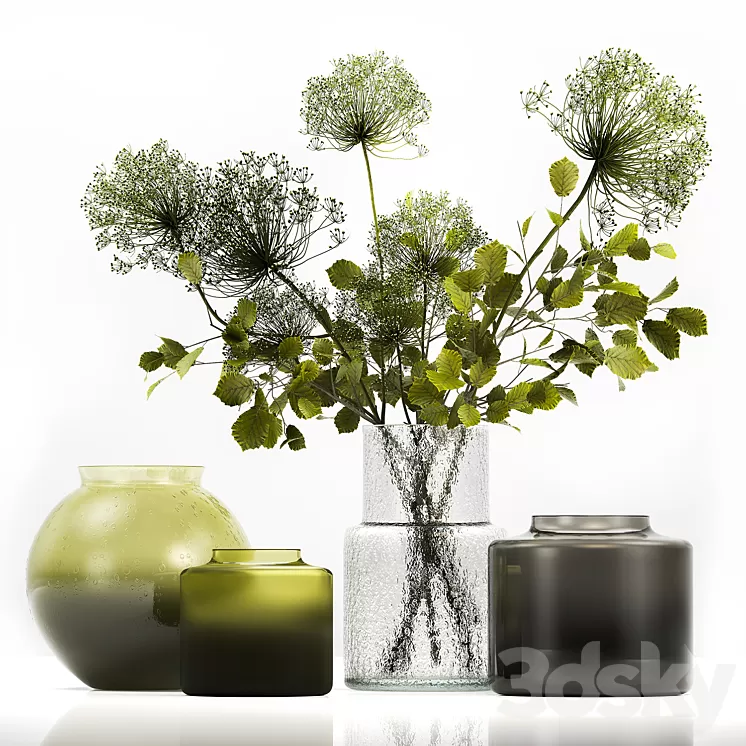 Spring bouquet of green flowers in a glass vase ikea ikea with hogweed branches leaves. 250 3D Model