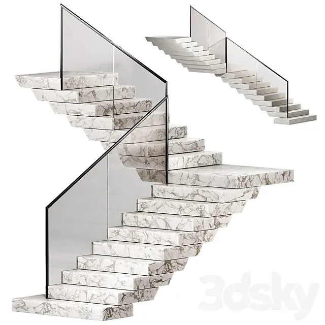 Stairs 3. Stone steps. Metal glass railings. 2 color options - marble and concrete. 3D Model