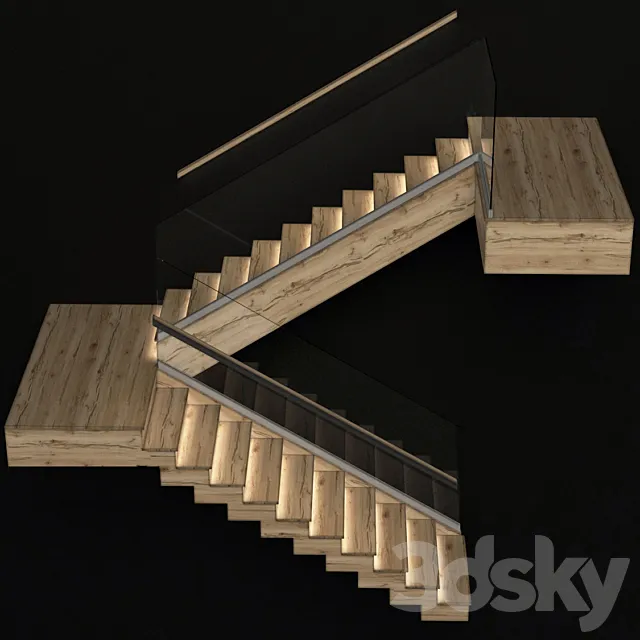 Stairs made of wood with illuminated stairs 3D Model