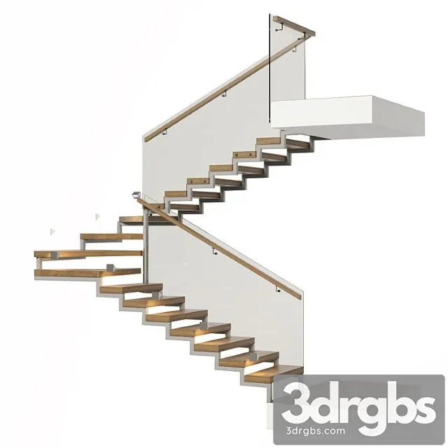Stairs with a landing platform - made of wood glass and metal with illumination profi led ip44 3D Model Free