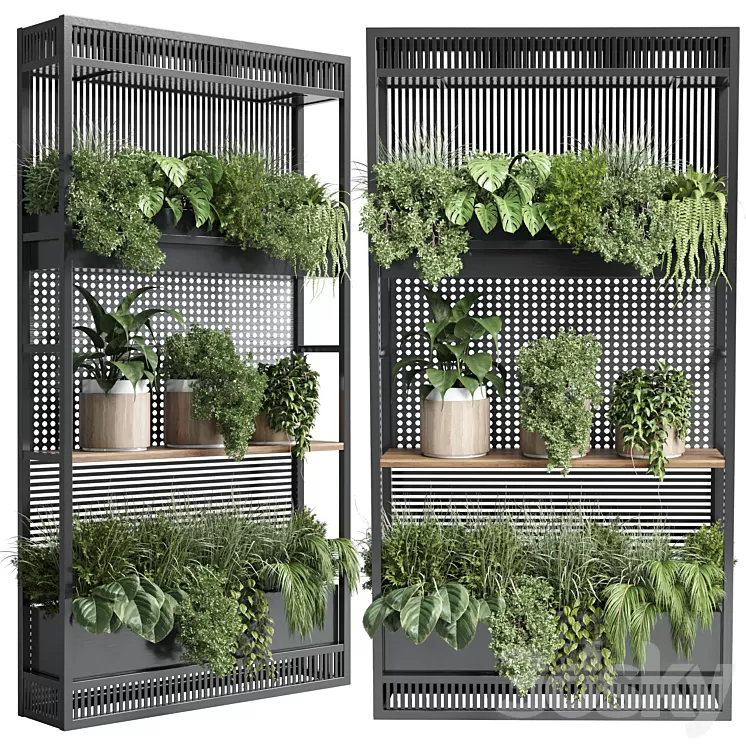 stand plant metal vase with three wooden pots 3D Model Free