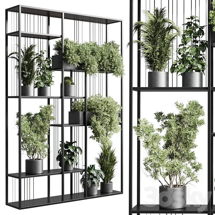 Standing metal shelf with a set of plants in concrete and metal boxes 325 3D Model Free