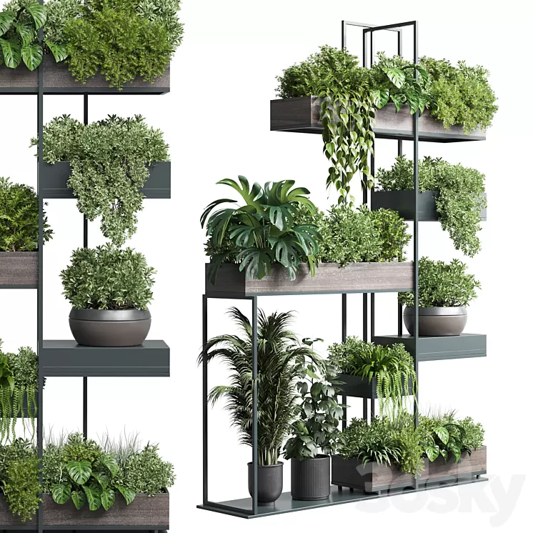 Standing metal shelf with a set of plants in wooden and metal boxes 267 3D Model Free