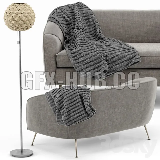 Stella Mid-Century Loveseat Urchin Rattan Floor Lamp 3D Model