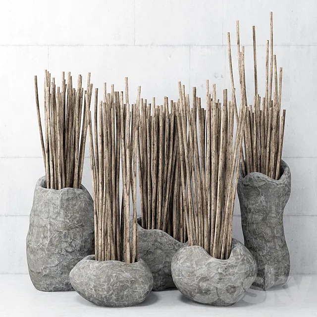 Stone dishes _ Stone vases with branches 3D Model