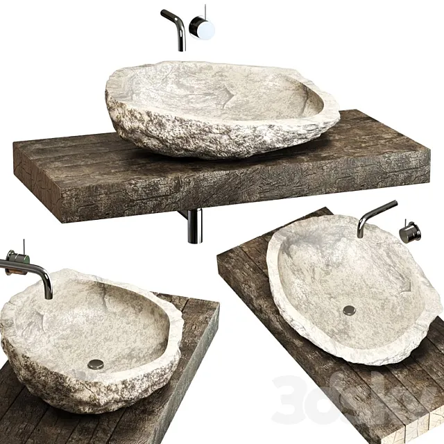 Stone sink on a log countertop 3D Model