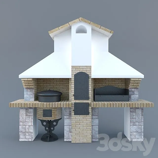 Stove-BBQ "Trio" with a grill and smokehouse Kazan 3D Model
