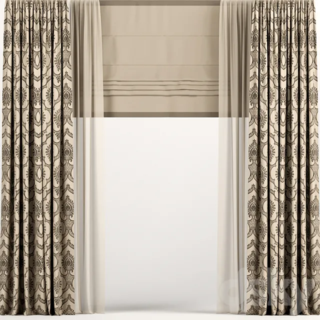 Straight brown curtains with Roman and tulle. 3D Model