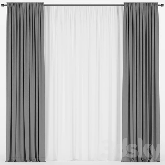 Straight curtains with tulle. 3D Model