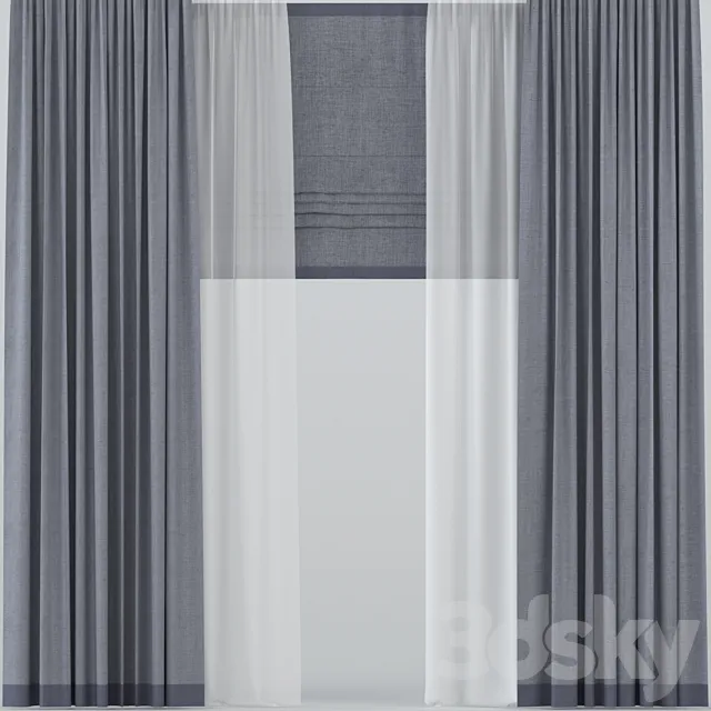 Straight curtains with tulle and roman 3D Model