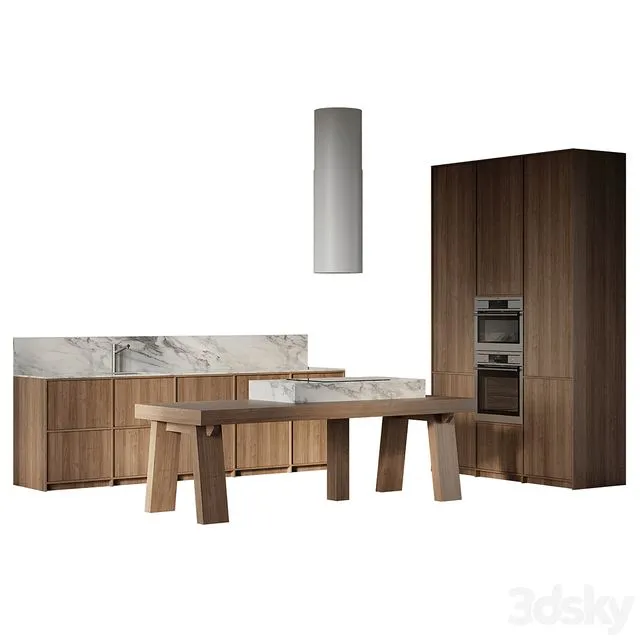 Straight kitchen with island 3D Model