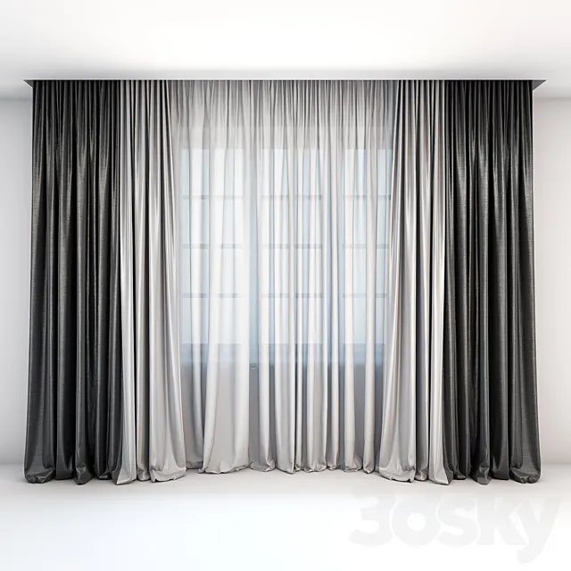 Straight two-color curtains in the floor and tulle in a modern style 3DModel