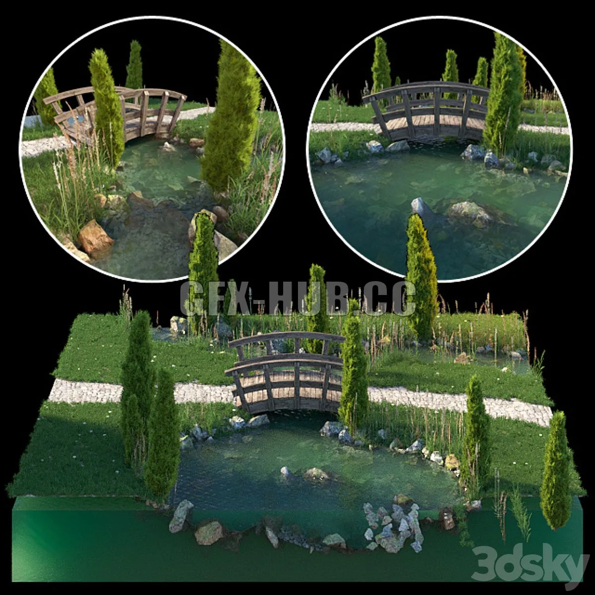 Stream and wooden bridge 3D Model