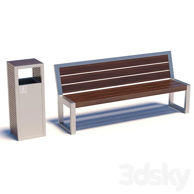 Street bench with trashcan 3DModel
