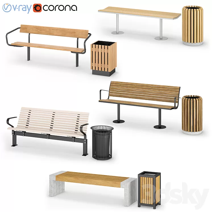 Street benches with trash cans Nola 2 3D Model