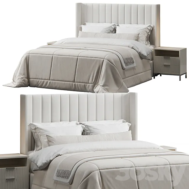 Striped Wingback Headboard Bed 3D Model