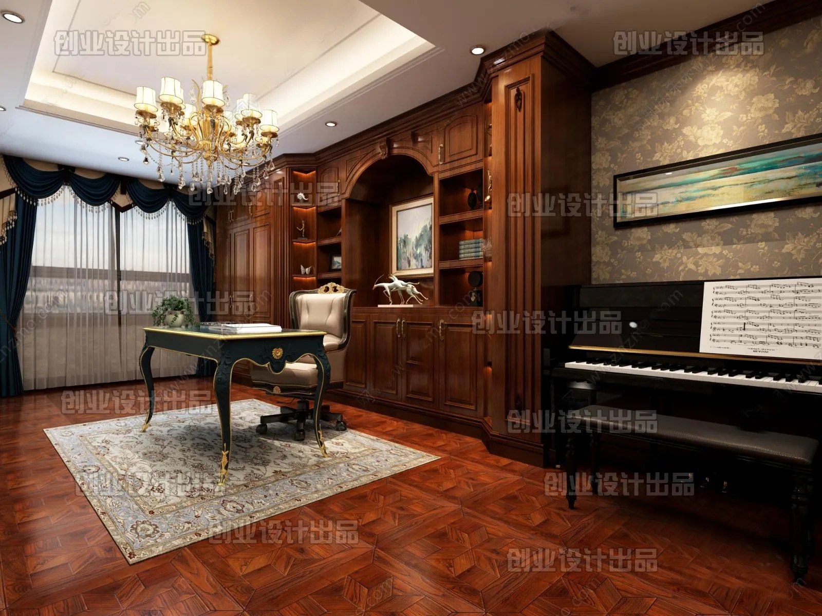 Study 3D Interior Scene Model - European Style - 006