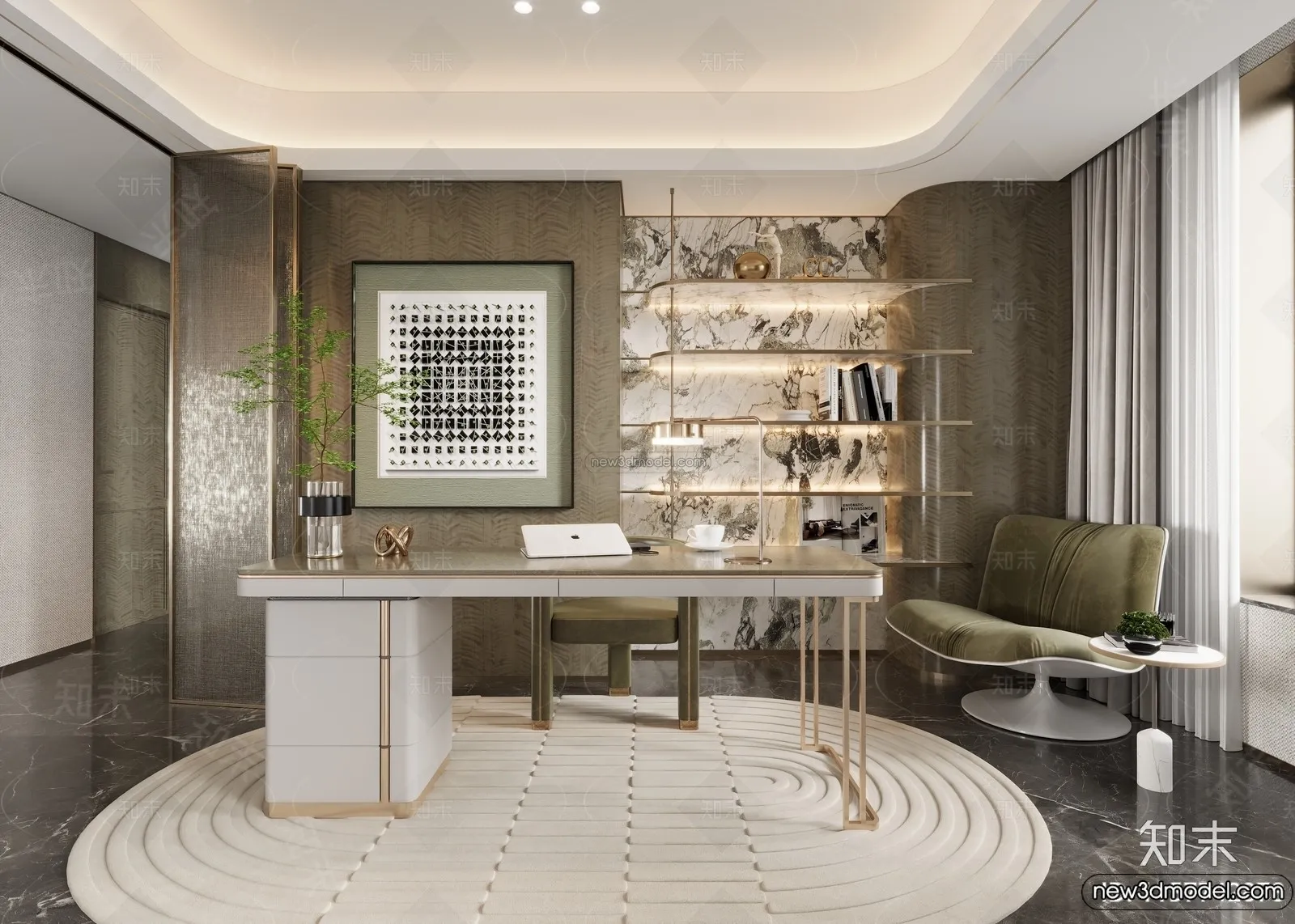 Study and Work Space - 3D Interior Scene - Italian Style - 004