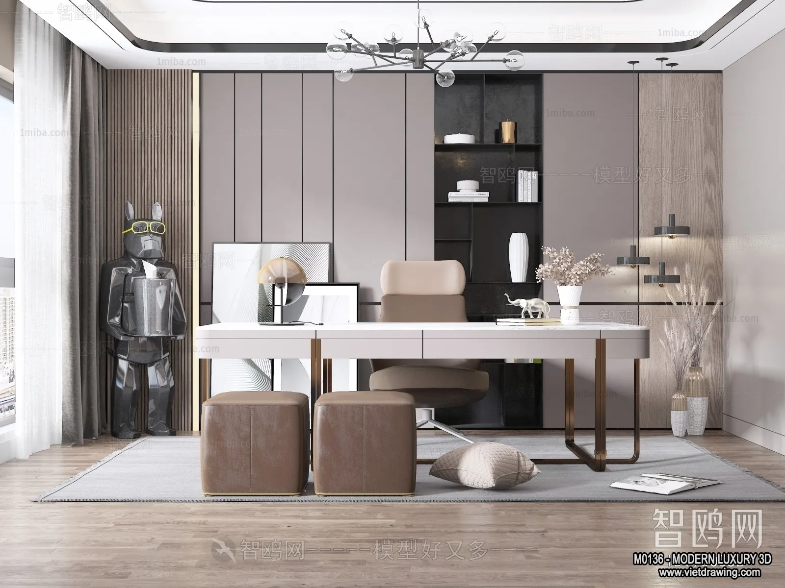 Study and Work Space - 3D Interior Scene - Luxury Style - 001
