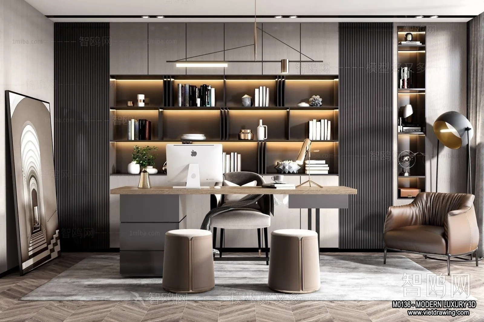 Study and Work Space - 3D Interior Scene - Luxury Style - 003