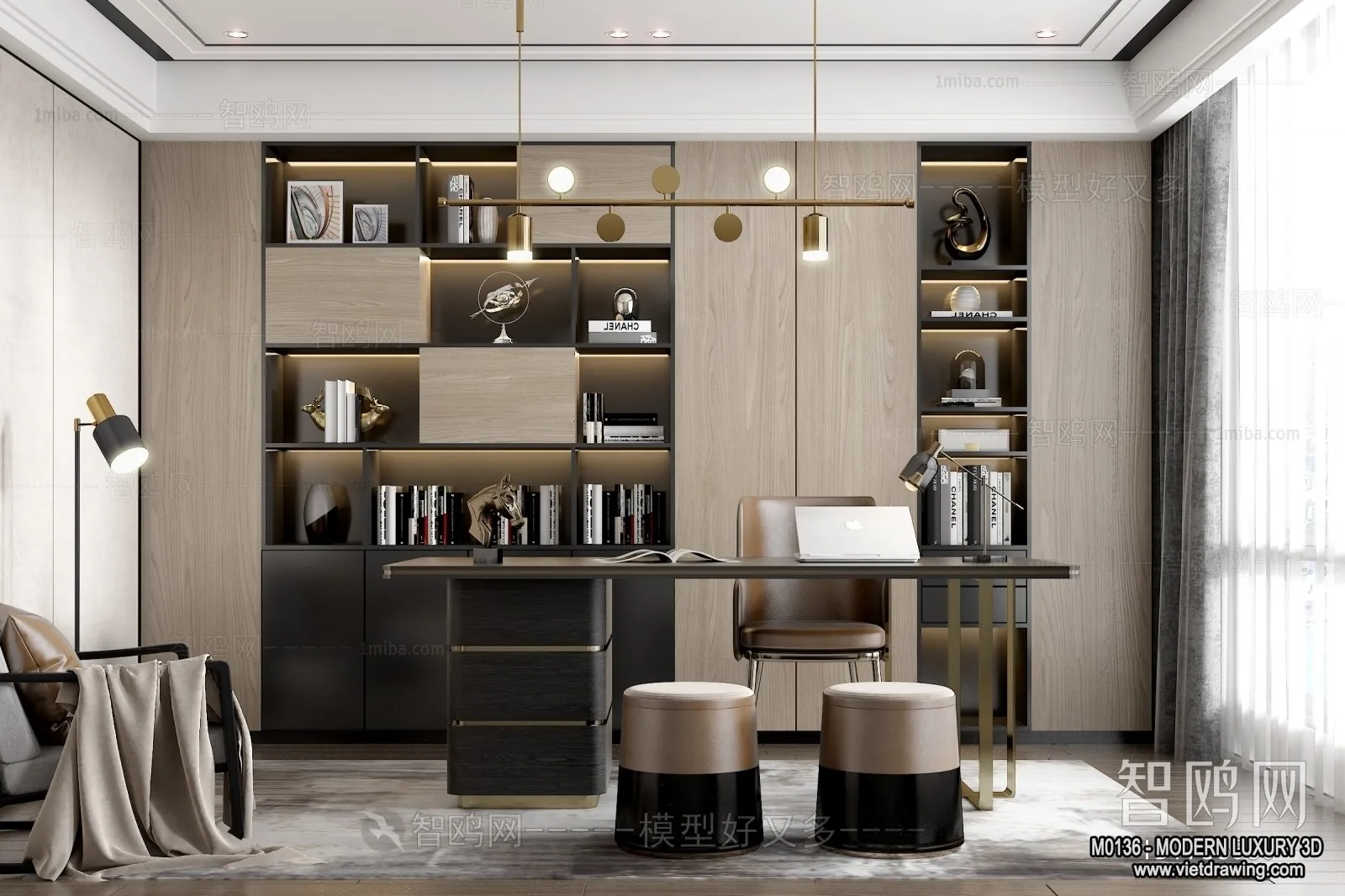Study and Work Space - 3D Interior Scene - Luxury Style - 004