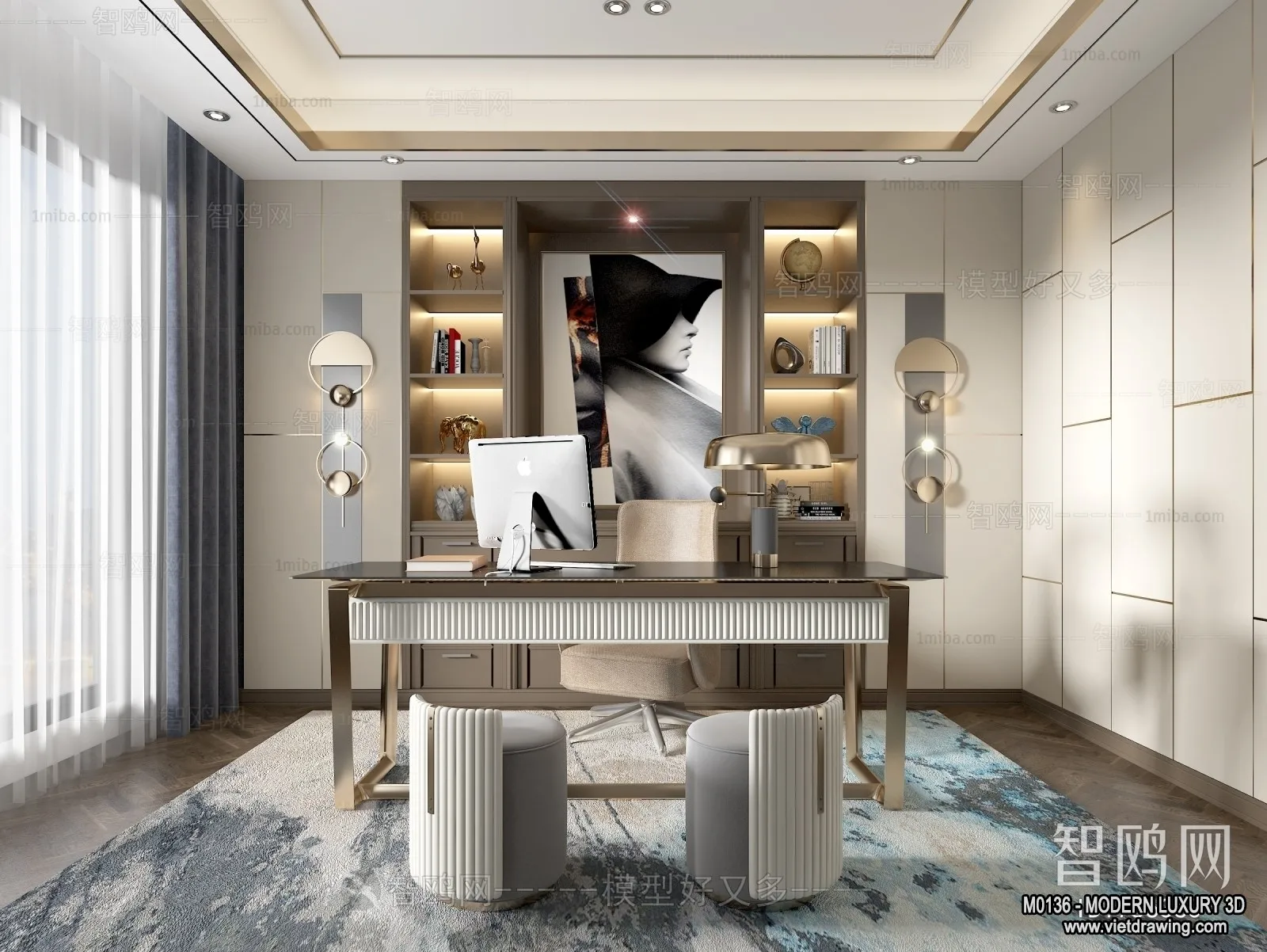 Study and Work Space - 3D Interior Scene - Luxury Style - 006