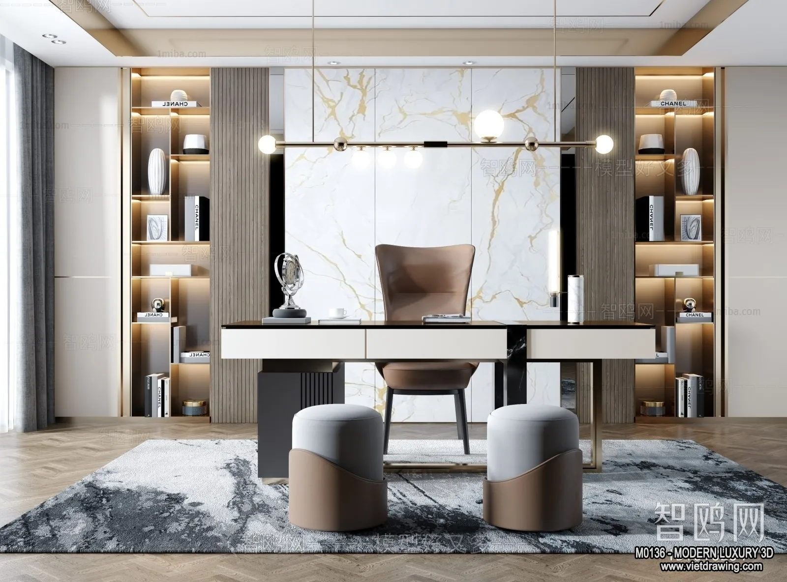 Study and Work Space - 3D Interior Scene - Luxury Style - 007