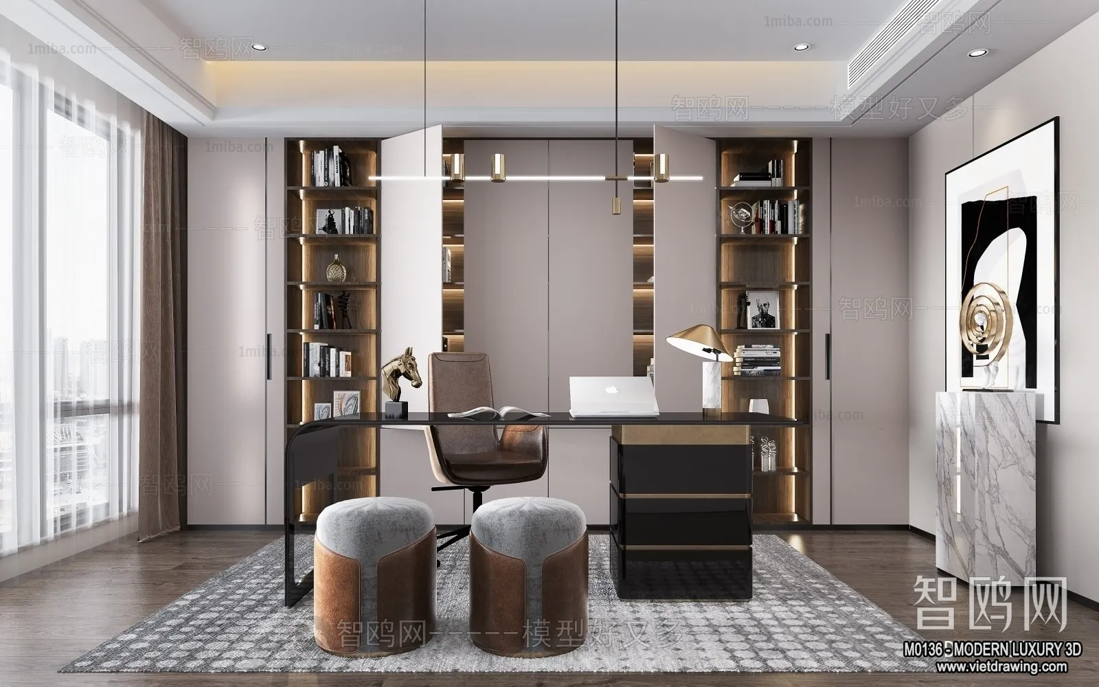 Study and Work Space - 3D Interior Scene - Luxury Style - 008