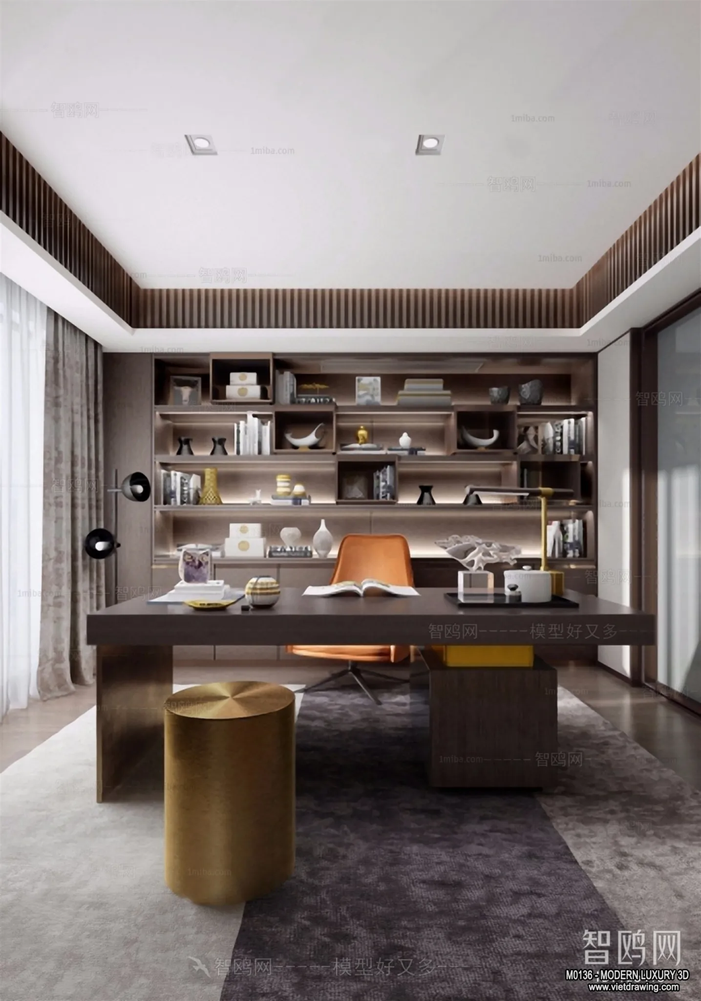 Study and Work Space - 3D Interior Scene - Luxury Style - 012