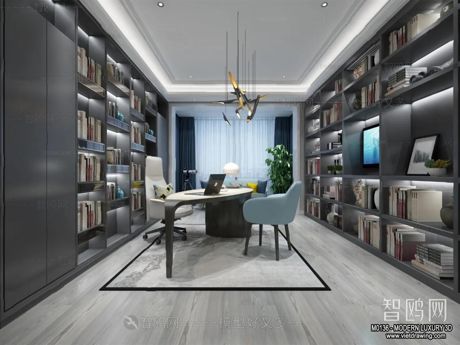 Study and Work Space - 3D Interior Scene - Luxury Style - 014