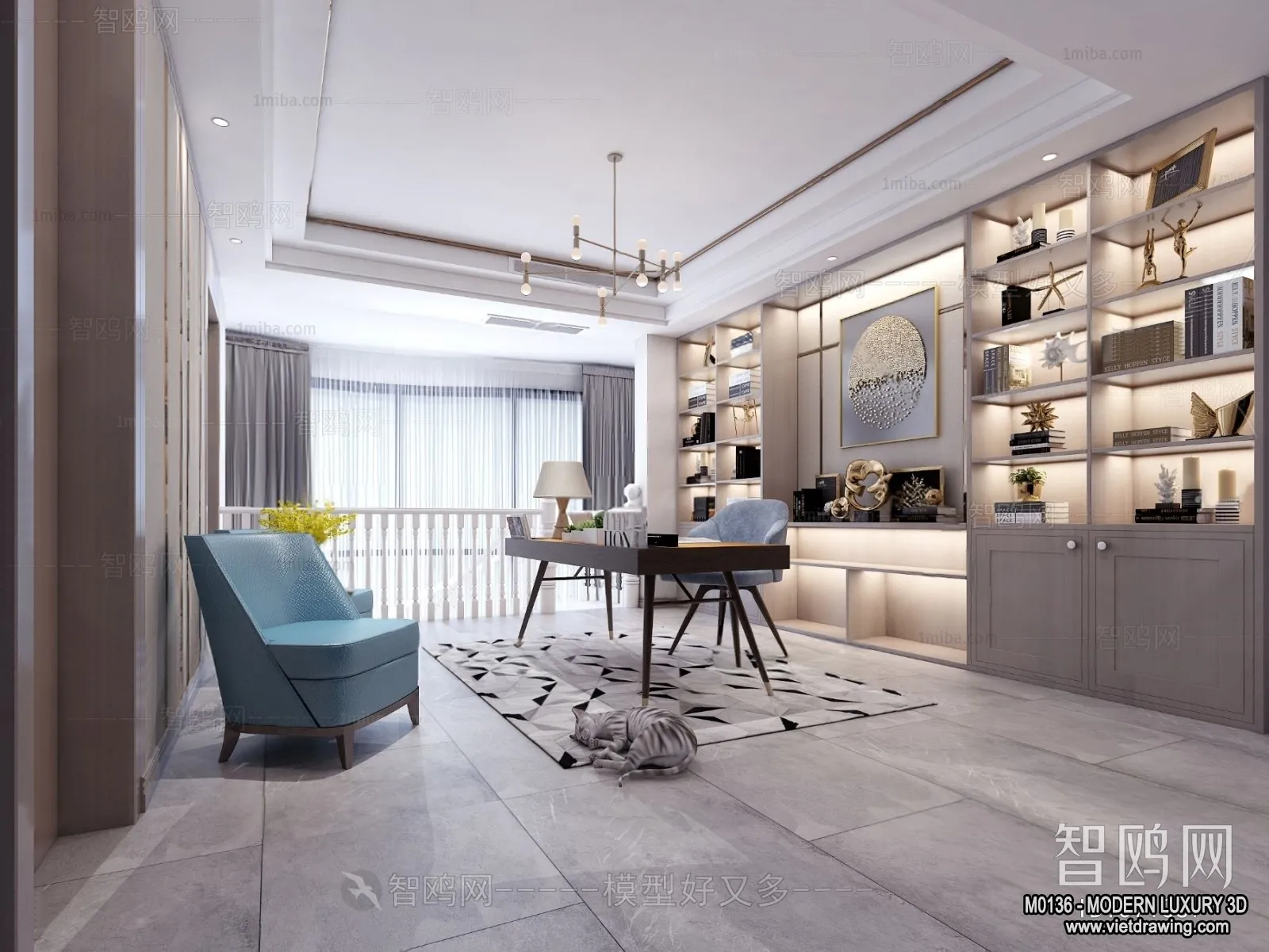 Study and Work Space - 3D Interior Scene - Luxury Style - 016
