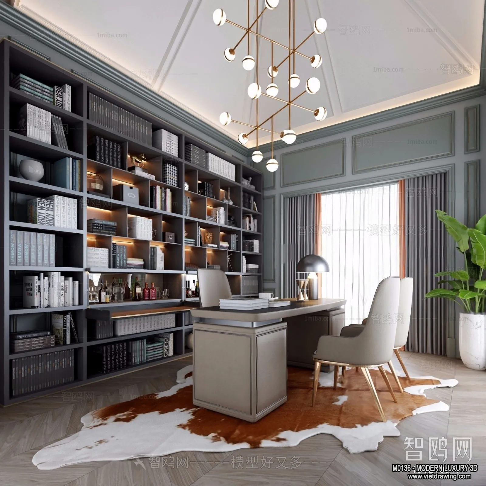 Study and Work Space - 3D Interior Scene - Luxury Style - 017