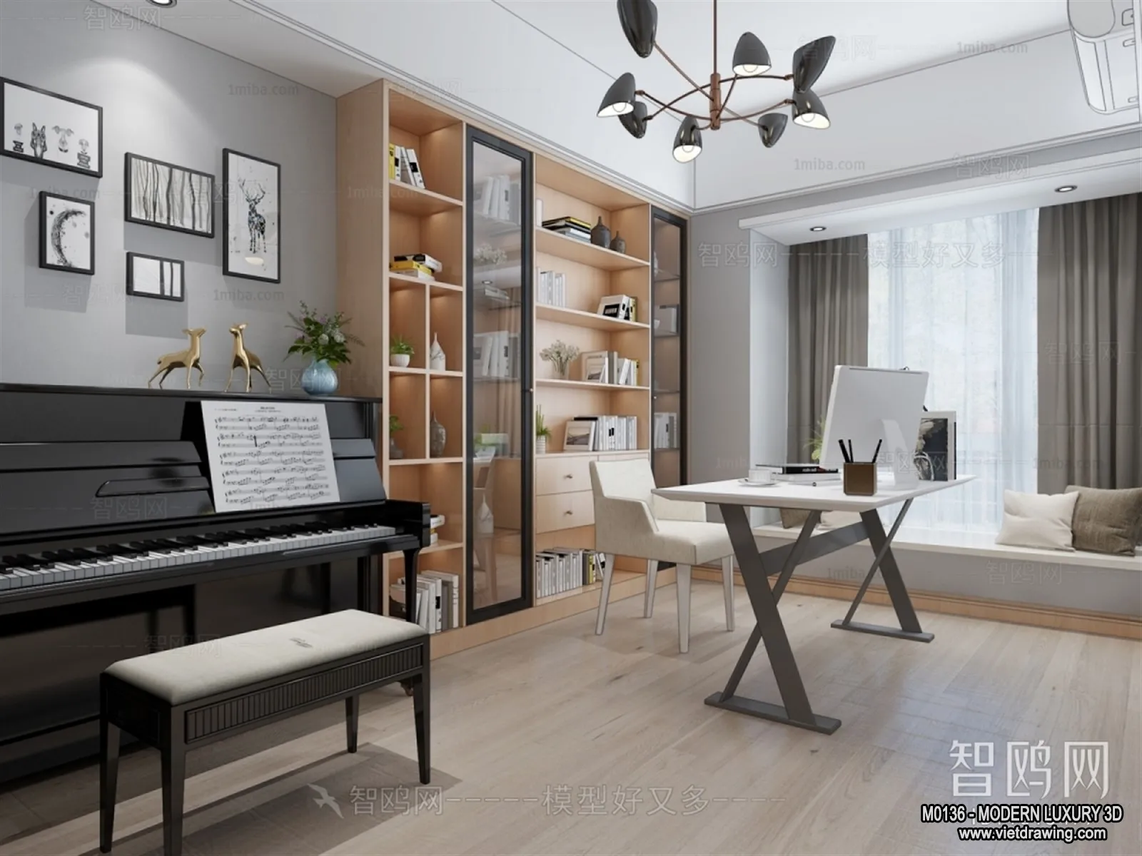 Study and Work Space - 3D Interior Scene - Luxury Style - 018