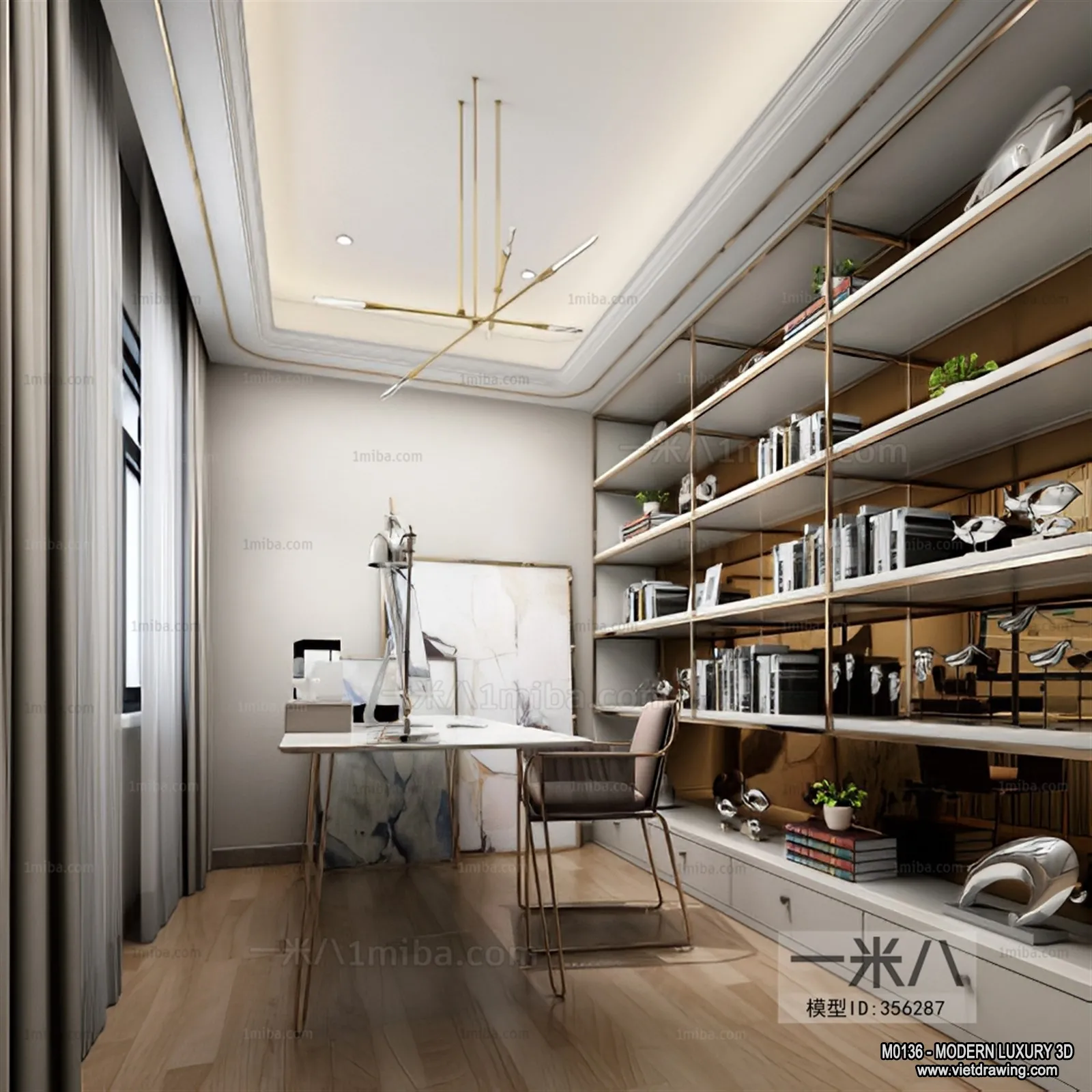 Study and Work Space - 3D Interior Scene - Luxury Style - 019