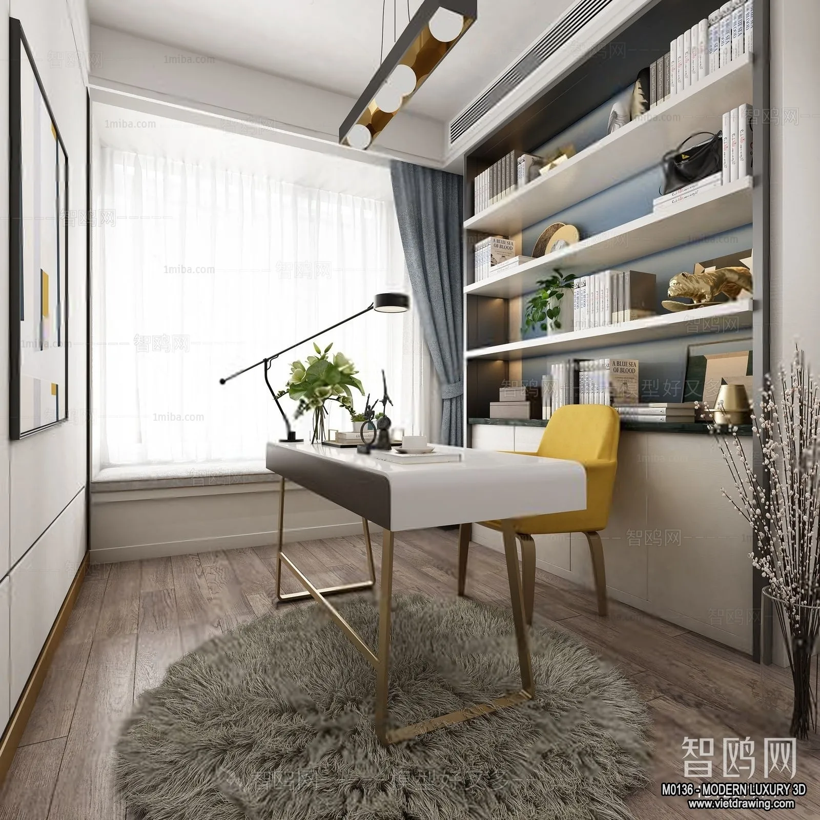 Study and Work Space - 3D Interior Scene - Luxury Style - 023