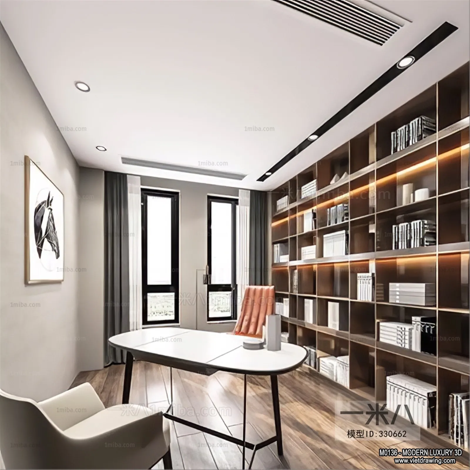 Study and Work Space - 3D Interior Scene - Luxury Style - 024