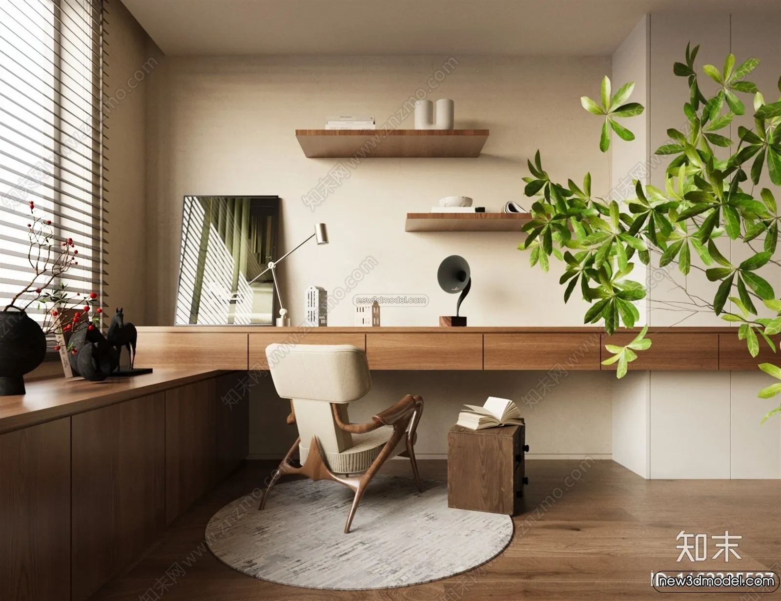 Study And Work Space 3D Interior Scene Model - Wabi Sabi Style - 020