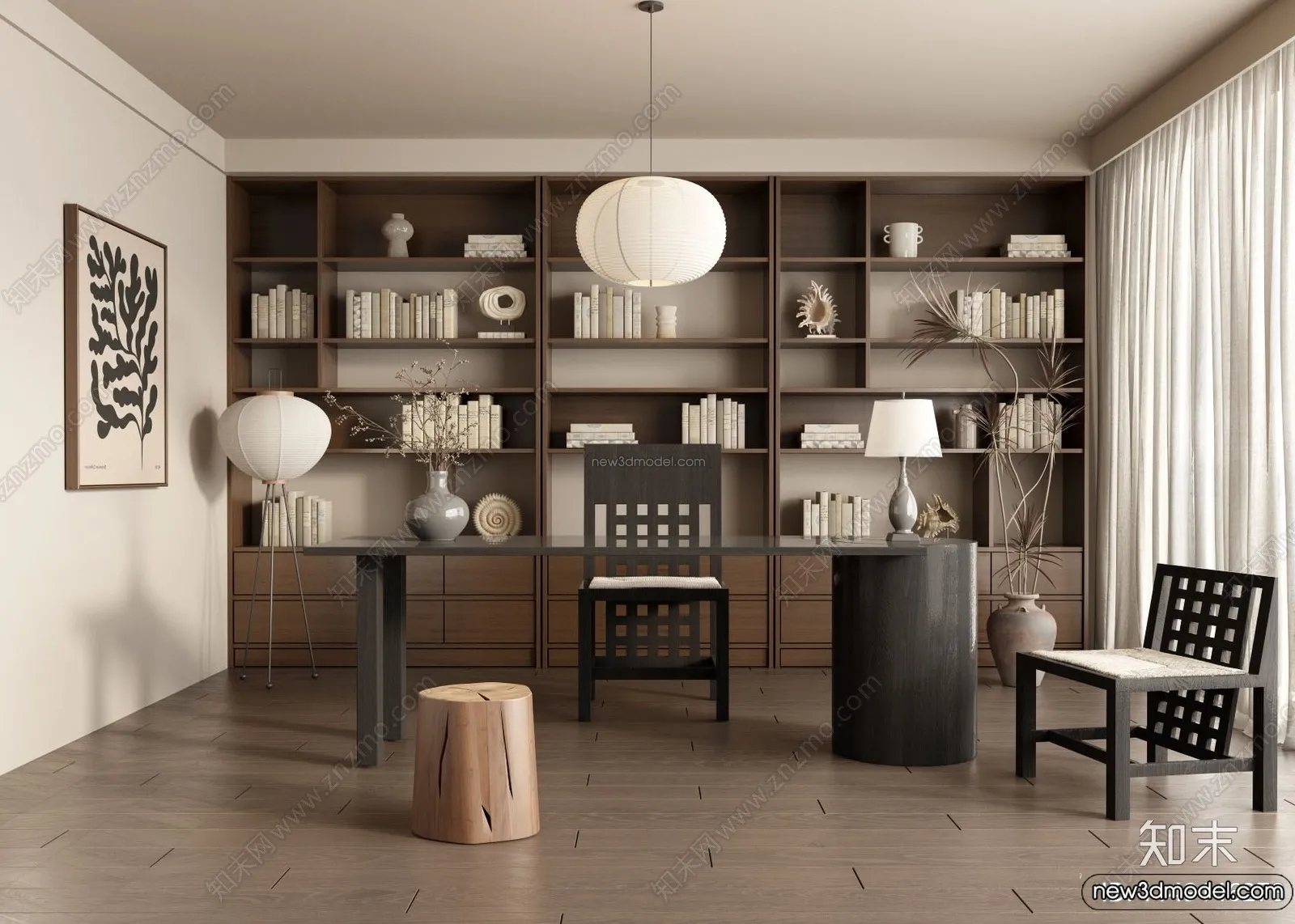 Study And Work Space 3D Interior Scene Model - Wabi Sabi Style - 023