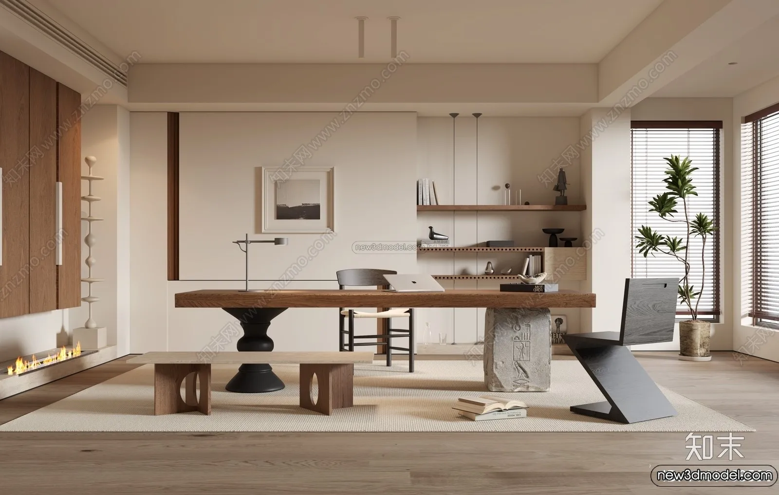 Study And Work Space 3D Interior Scene Model - Wabi Sabi Style - 025
