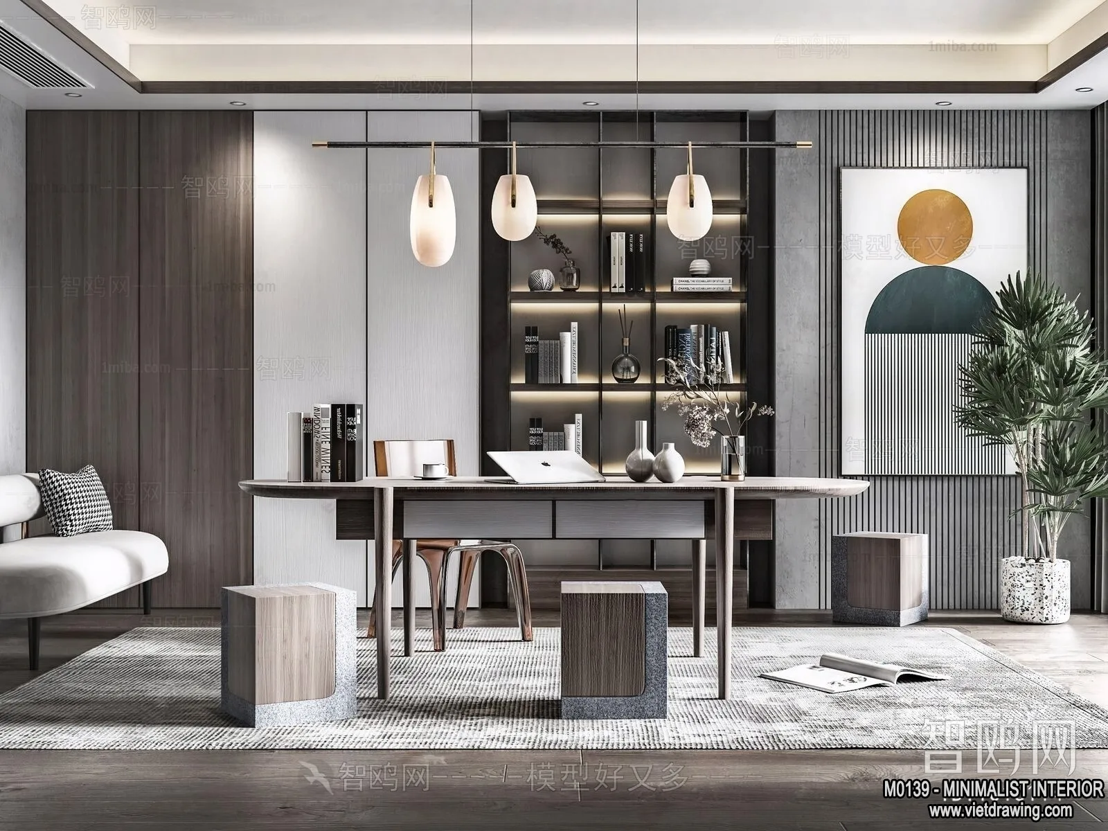 Study and Work Space - Minimalist Style - 3D Interior Scene - 023