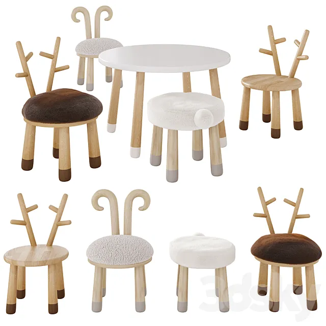 Table and chairs for the children's room "Animals" 3D Model