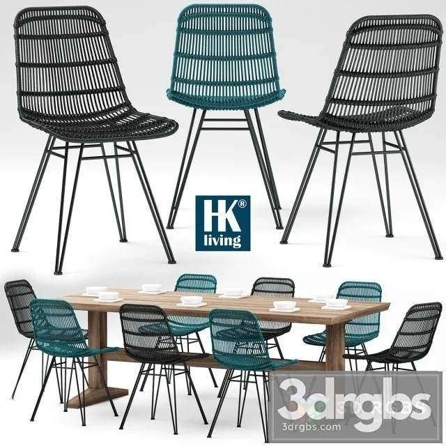 Table and Chairs HKliving Rotan Stoel 3D Model Free