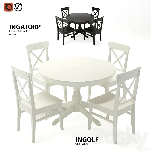 Table and chairs IKEA INGATORP and INGOLF 3D Model