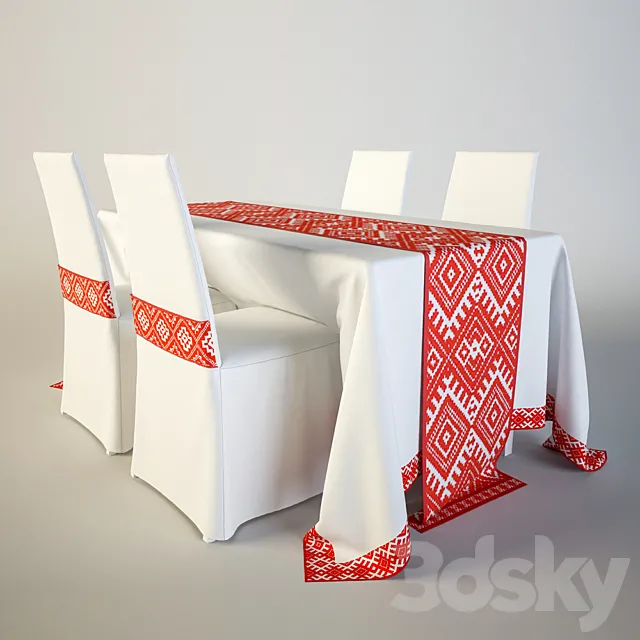 Table and chairs with Embroideries 3DModel