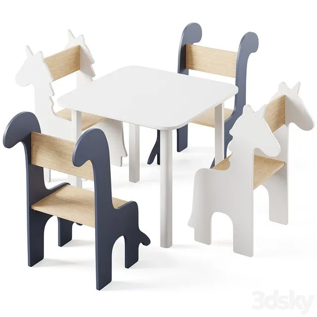 Table & Children's Animal Chairs by THE HOME DECO FACTORY 3D Model