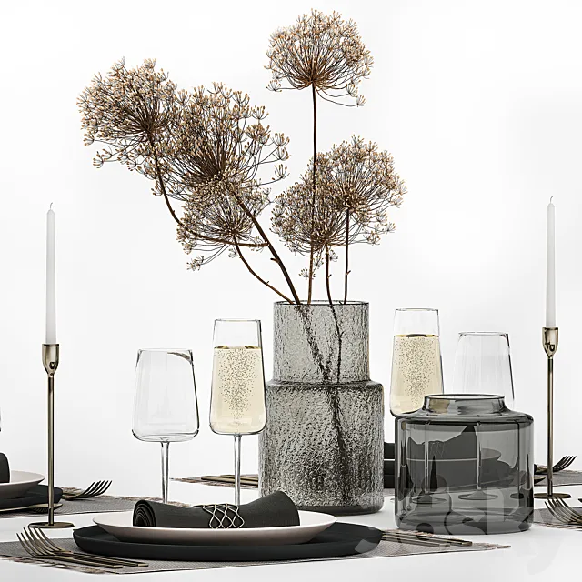 Table service 24. Dried flower bouquet hogweed branches cutlery glass sparkling wine luxury decor eco design vase 3D Model