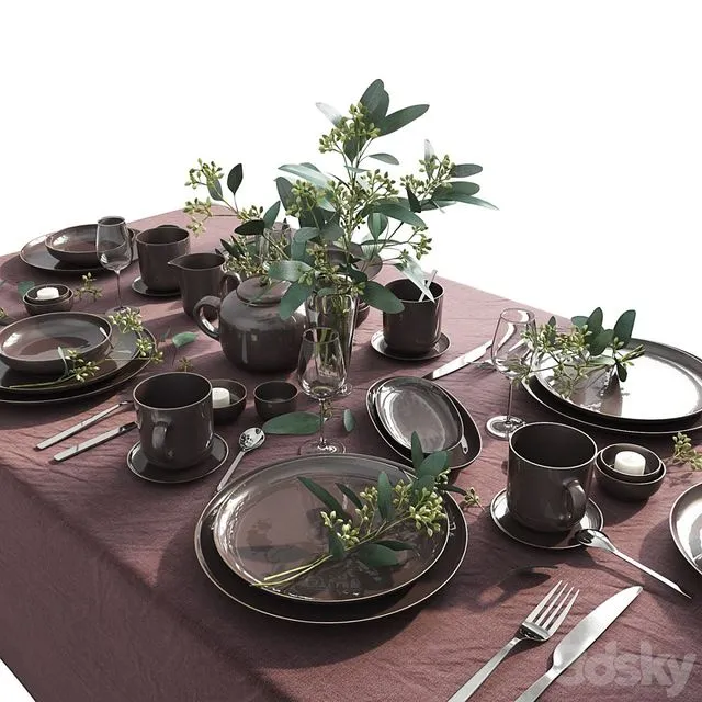 Table set 02 with candles and flowers 3D Model